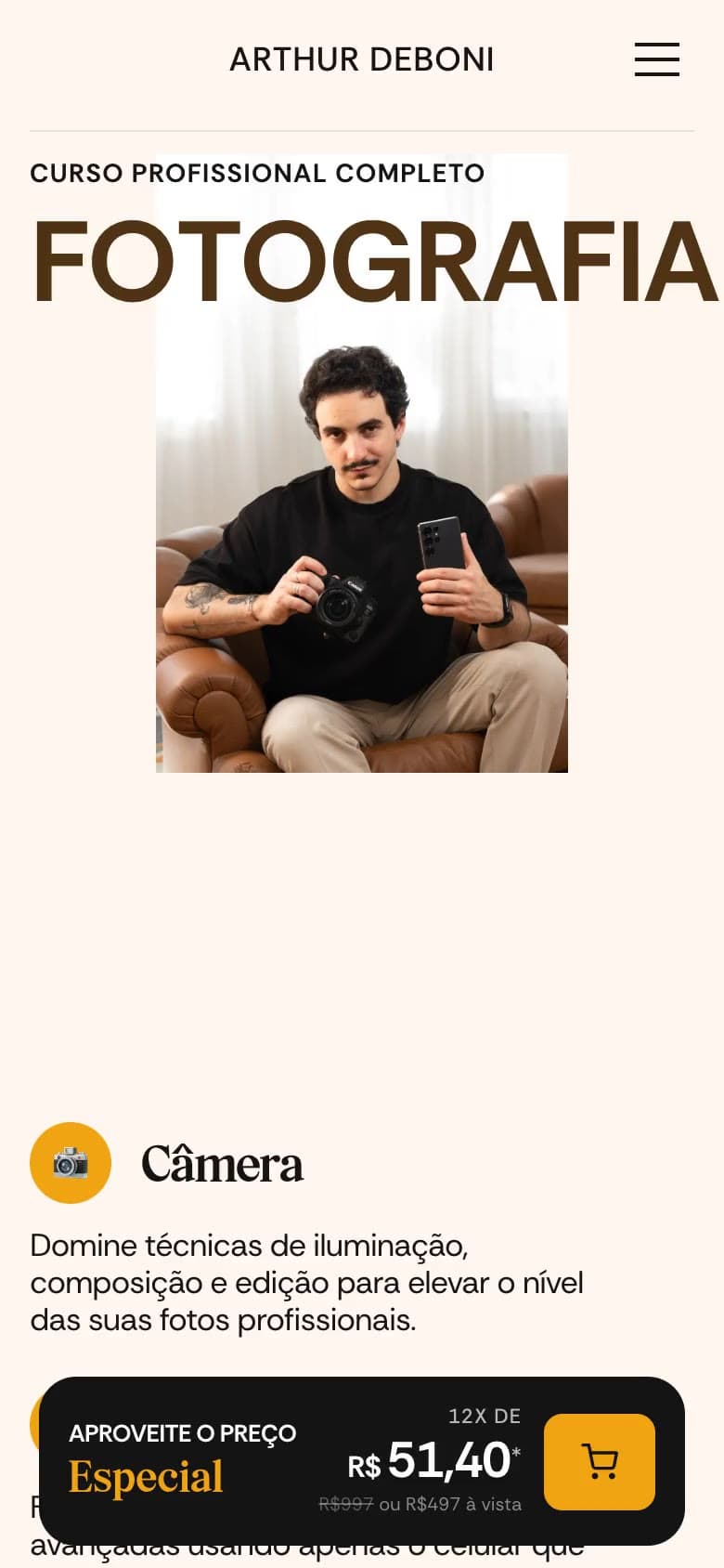 Arthur Deboni: Sales page on mobile, with the purchase bar fixed at the bottom