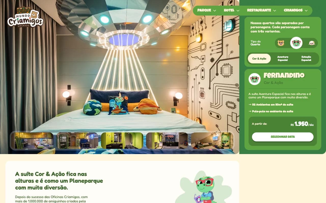 Mundo Criamigos: Themed room page, with gallery, comparison and booking